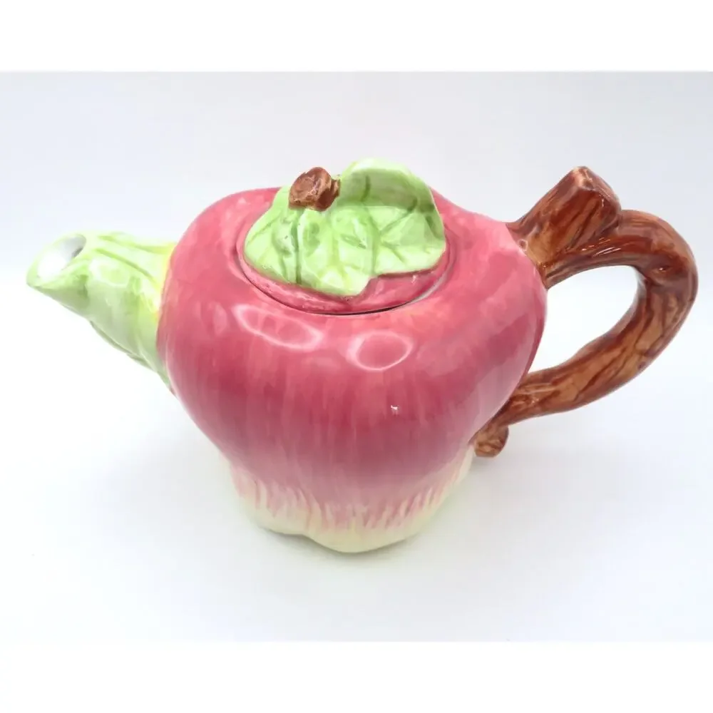 Vintage Apple Shaped Ceramic Teapot Single Serve Reddish Pink and Green 8 Oz